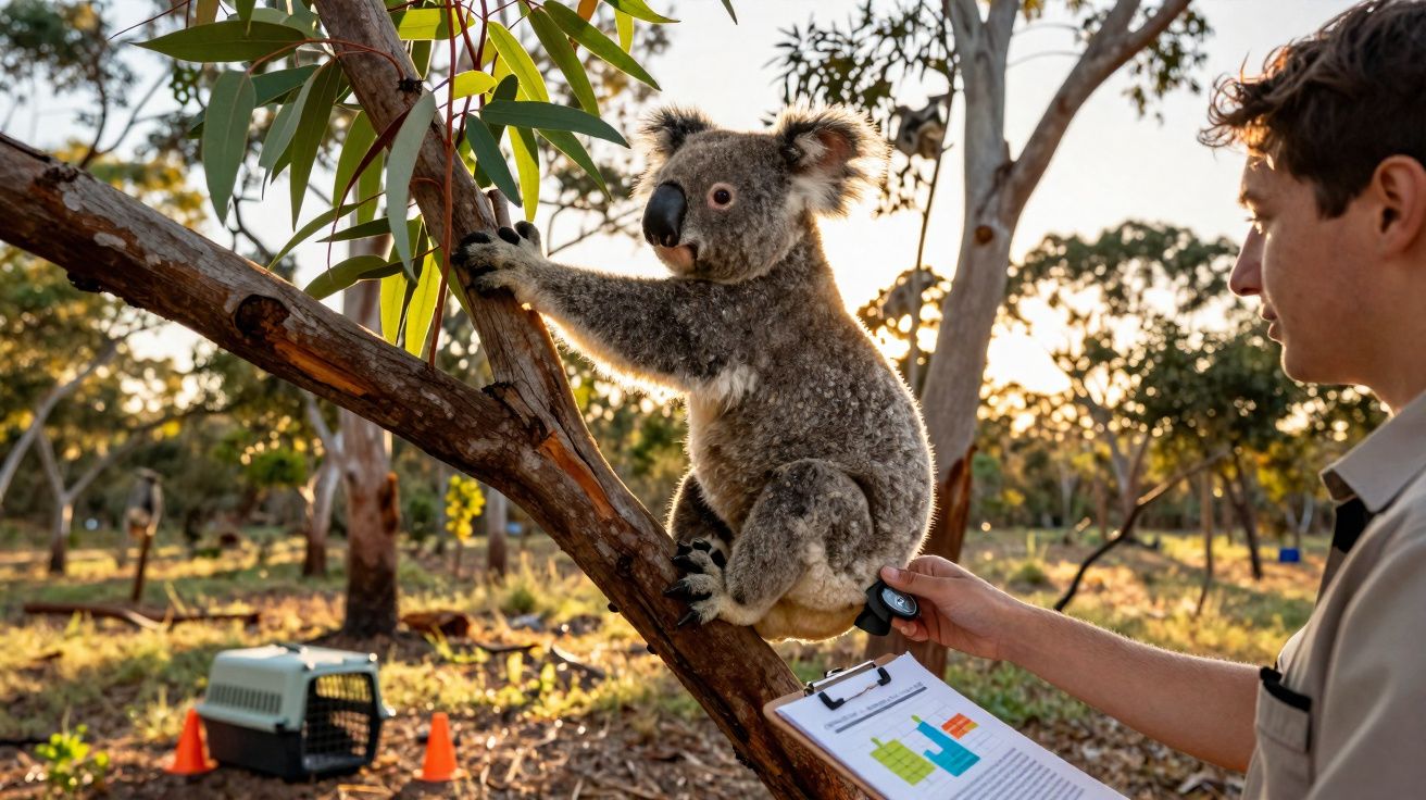 Homem com prancheta examina coala em árvore em área de reflorestamento ao pôr do sol.