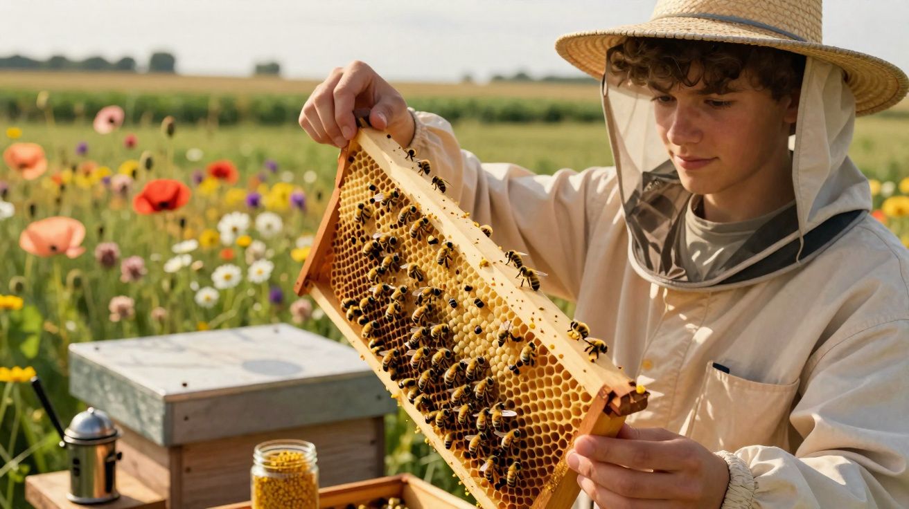 Apicultor jovem com roupa protetora segurando quadro de favo cheio de abelhas em campo florido.