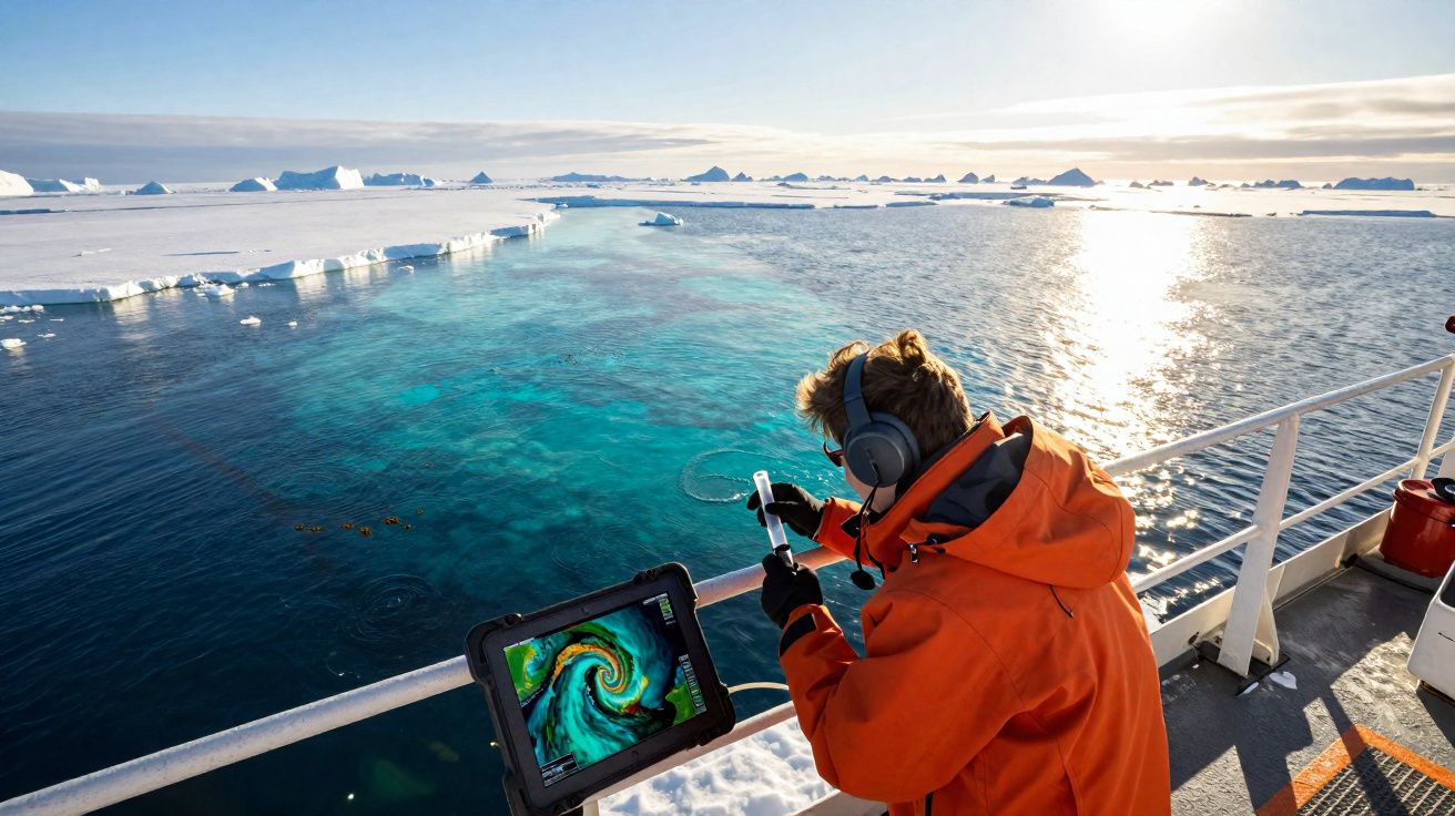 Pesquisador com roupa laranja coleta dados em tablet a bordo de navio em mar congelado com icebergs ao redor.