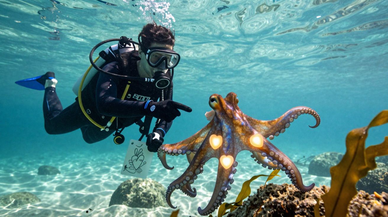 Mergulhador apontando para polvo iluminado por corações em fundo marinho com algas e rochas.
