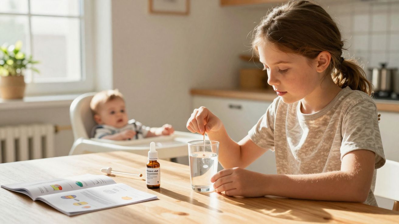 Criança mexendo remédio em copo de água enquanto bebê observa sentado em cadeirão na cozinha.