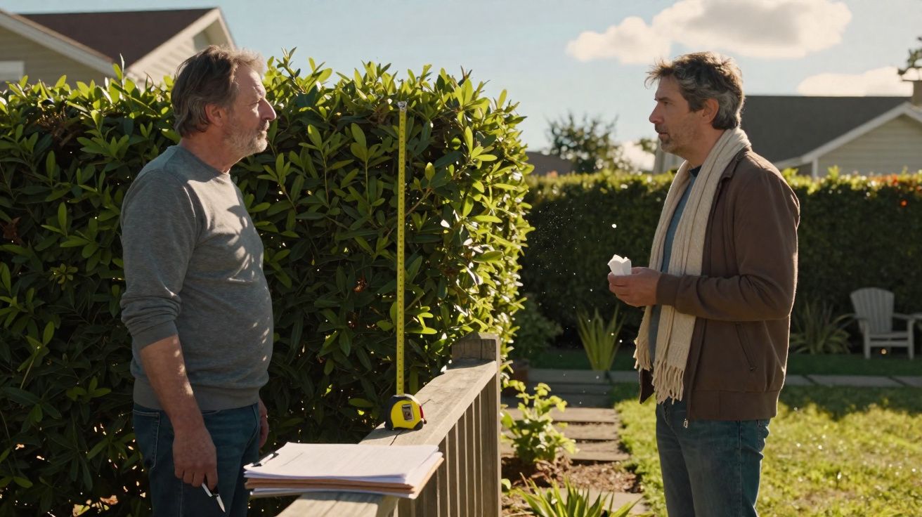 Dois homens conversando ao ar livre próximo a uma fita métrica e uma pilha de papéis sobre um corrimão.