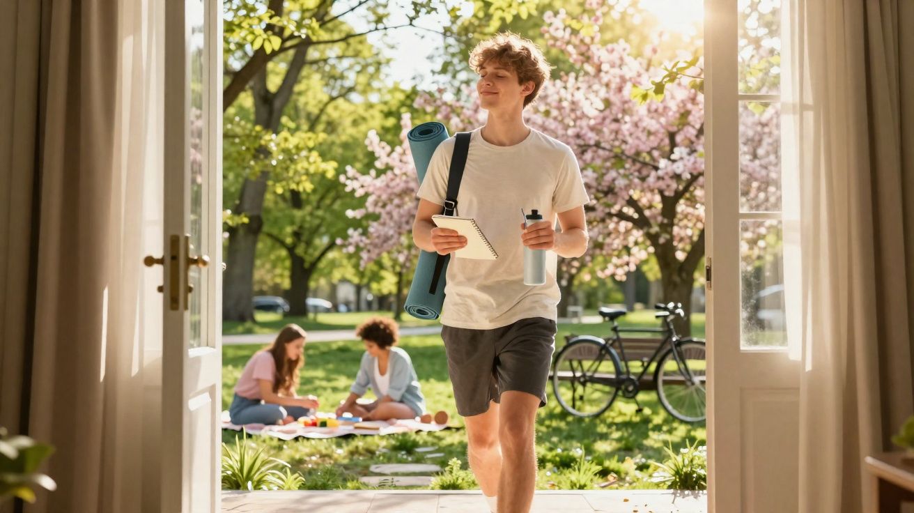 Jovem carregando tapete de yoga, garrafa e caderno, saindo de casa para parque com pessoas ao fundo.