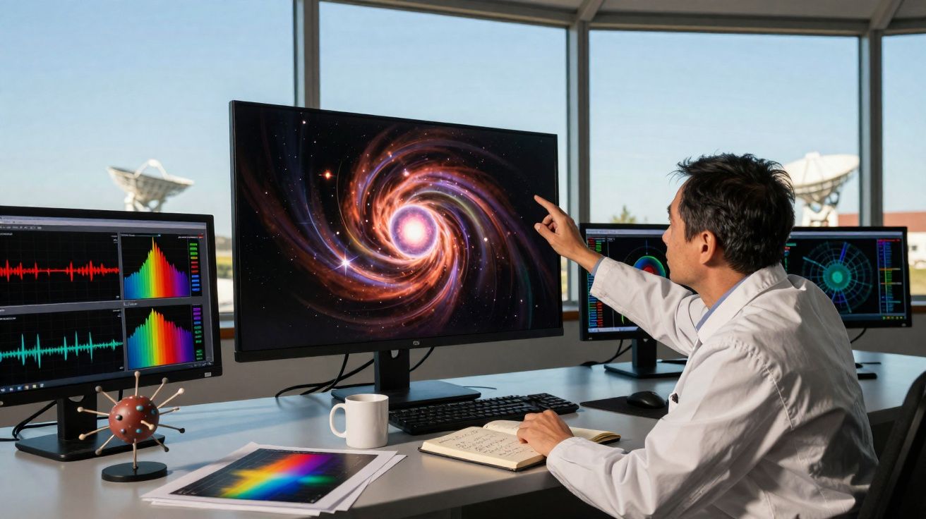 Cientista em laboratório computacional analisando imagem de galáxia espiral em monitor principal com gráficos em monitores la
