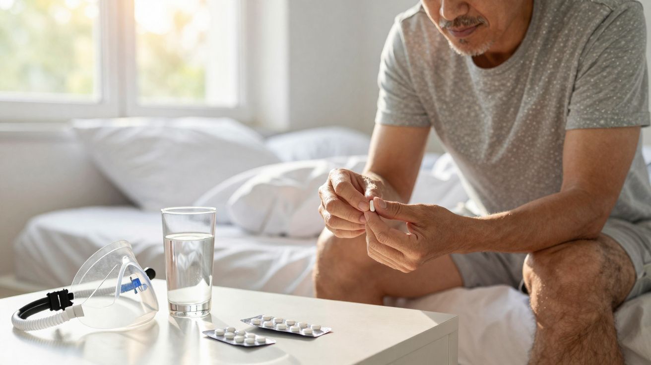 Homem sentado na cama segurando uma pílula, com comprimidos, copo d'água e máscara de oxigênio ao lado.