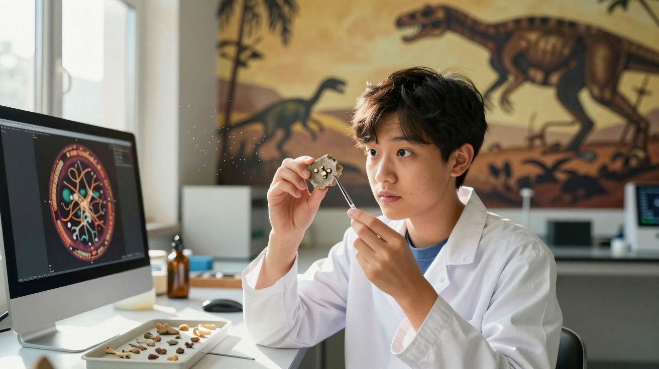 Jovem cientista analisa fóssil em laboratório com parede decorada por mural de dinossauros.