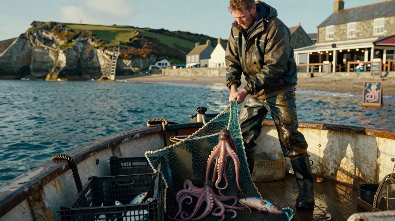 Pescador retira polvo e peixe do mar com rede dentro de barco próximo à costa rochosa e casas.