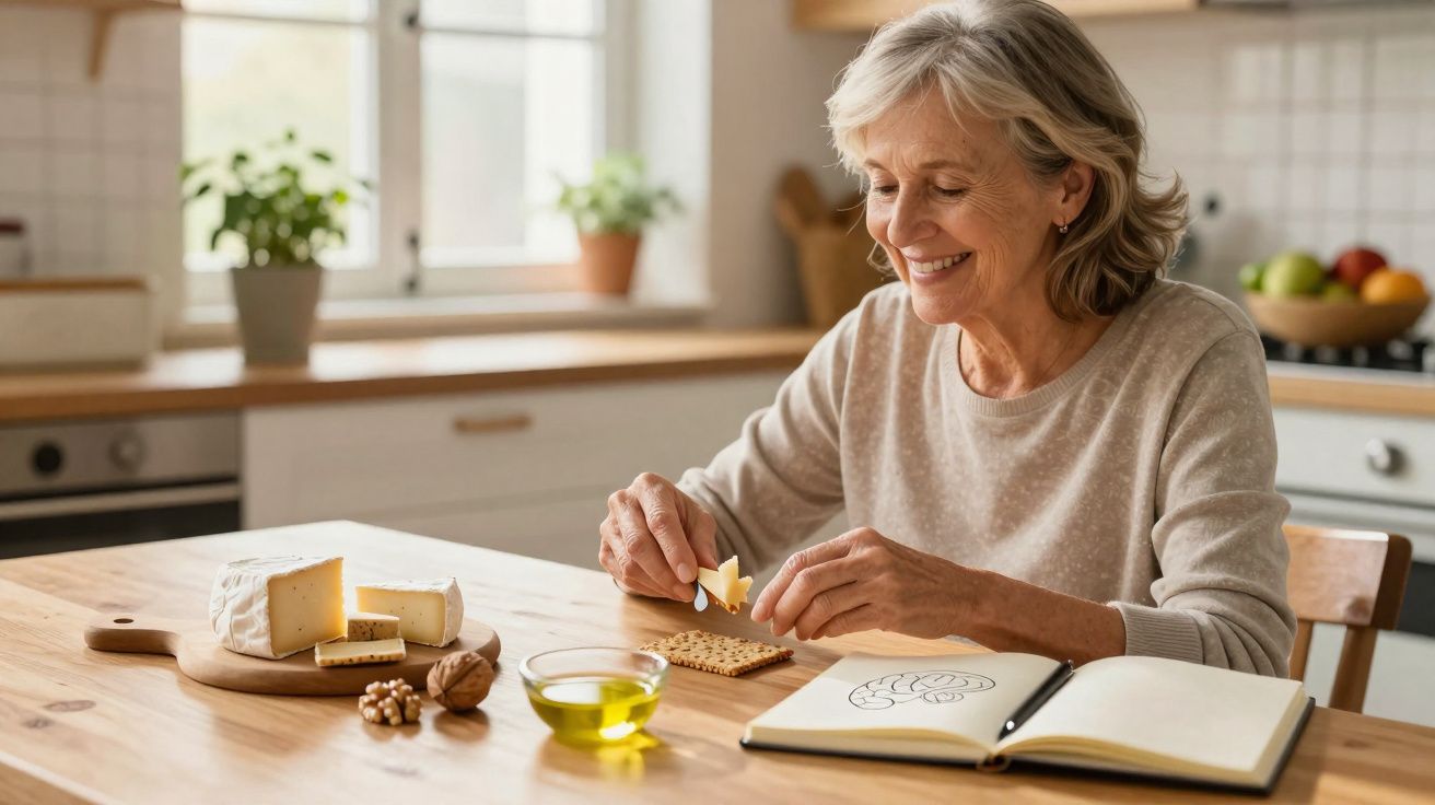 Mulher idosa sorridente preparando lanche com queijo, biscoito e azeite na cozinha iluminada.