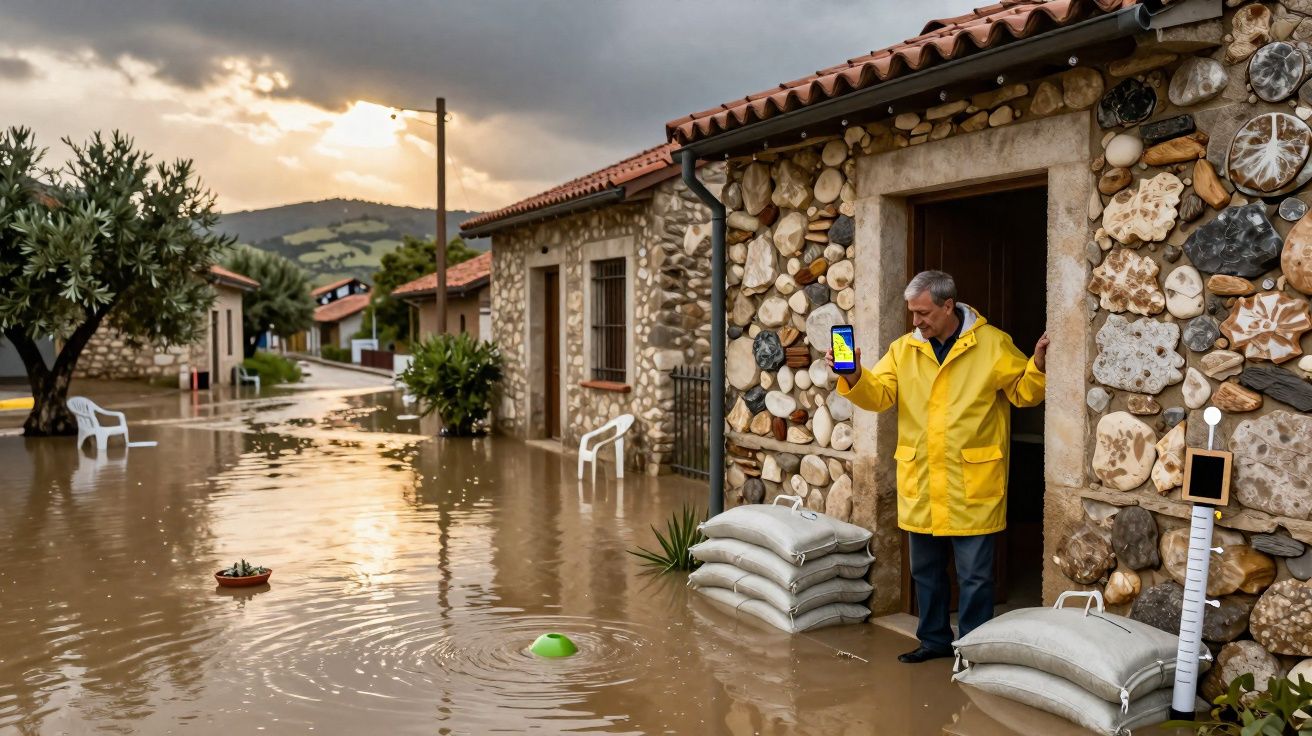 Homem de capa amarela mostra celular em frente a casa cercada por enchente e sacos de areia nas portas.