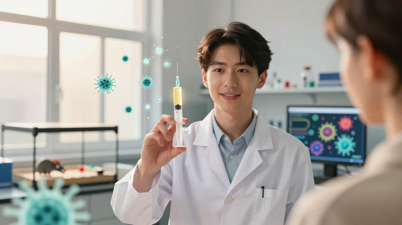 Jovem cientista segura seringa com vacina, com ícones de vírus flutuando no laboratório.
