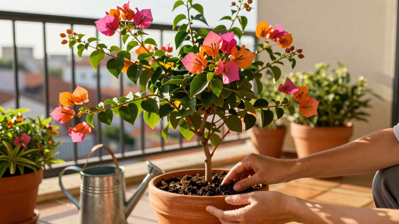 Pessoa cuidando de planta com flores rosas e laranjas em vaso de barro na varanda iluminada pelo sol.