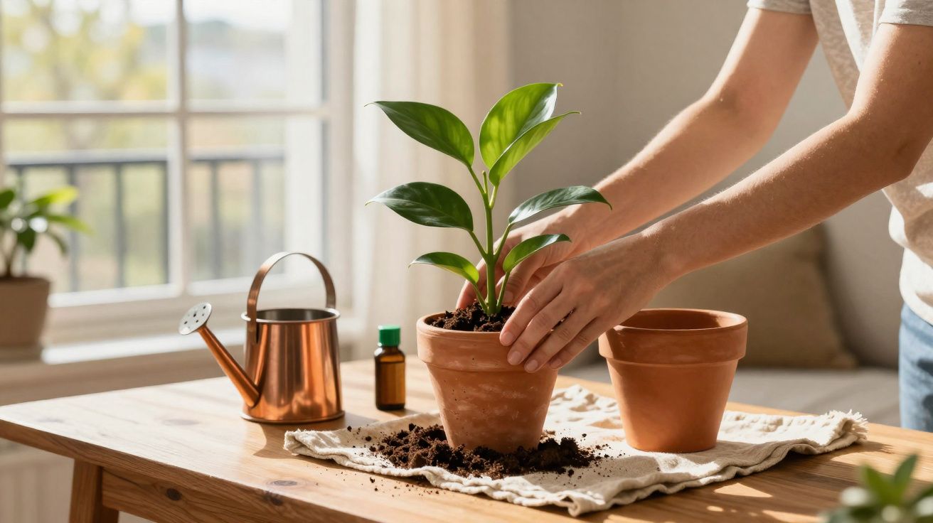 Pessoa transplantando muda em vaso de barro sobre mesa com regador e frasco pequeno ao lado.