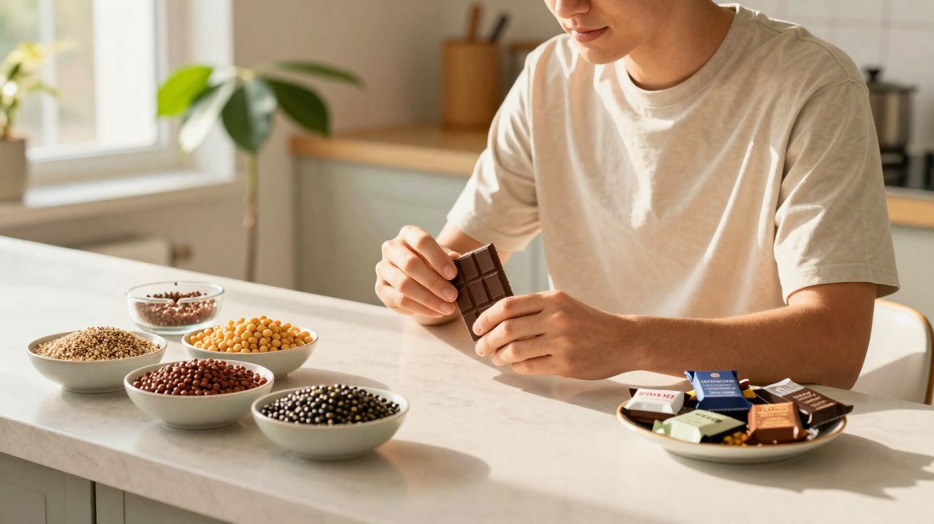 Pessoa segurando barra de chocolate próximo a tigelas com grãos variados em bancada de cozinha.