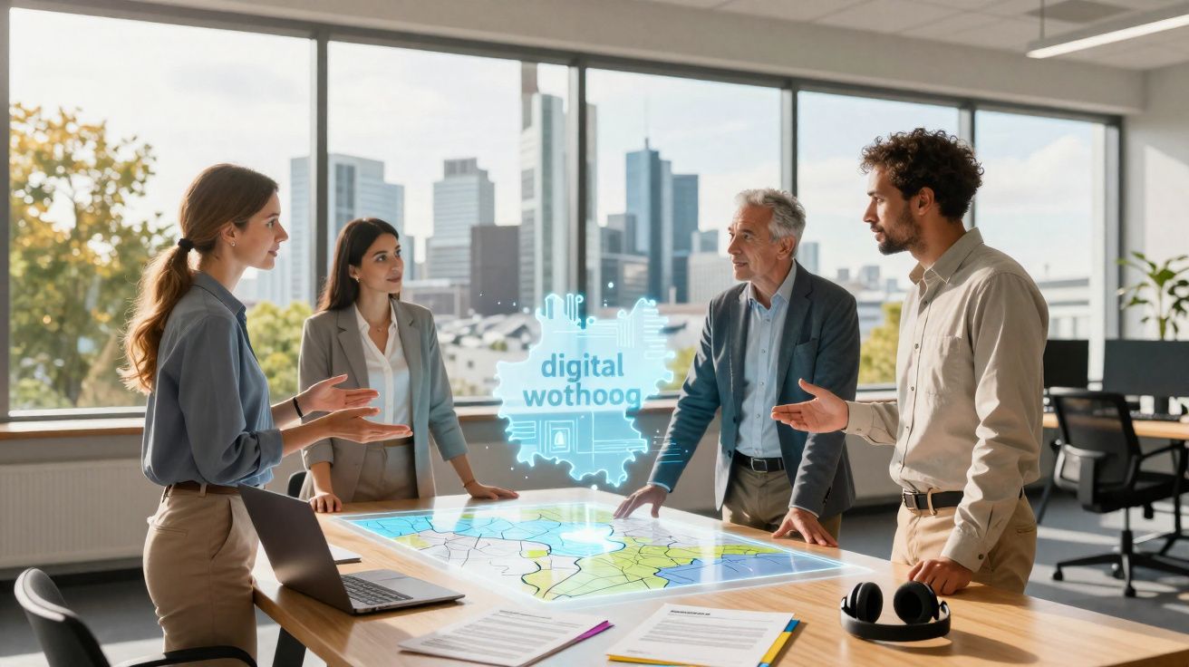Quatro pessoas discutem mapa digital em mesa de escritório moderno com vista para cidade.