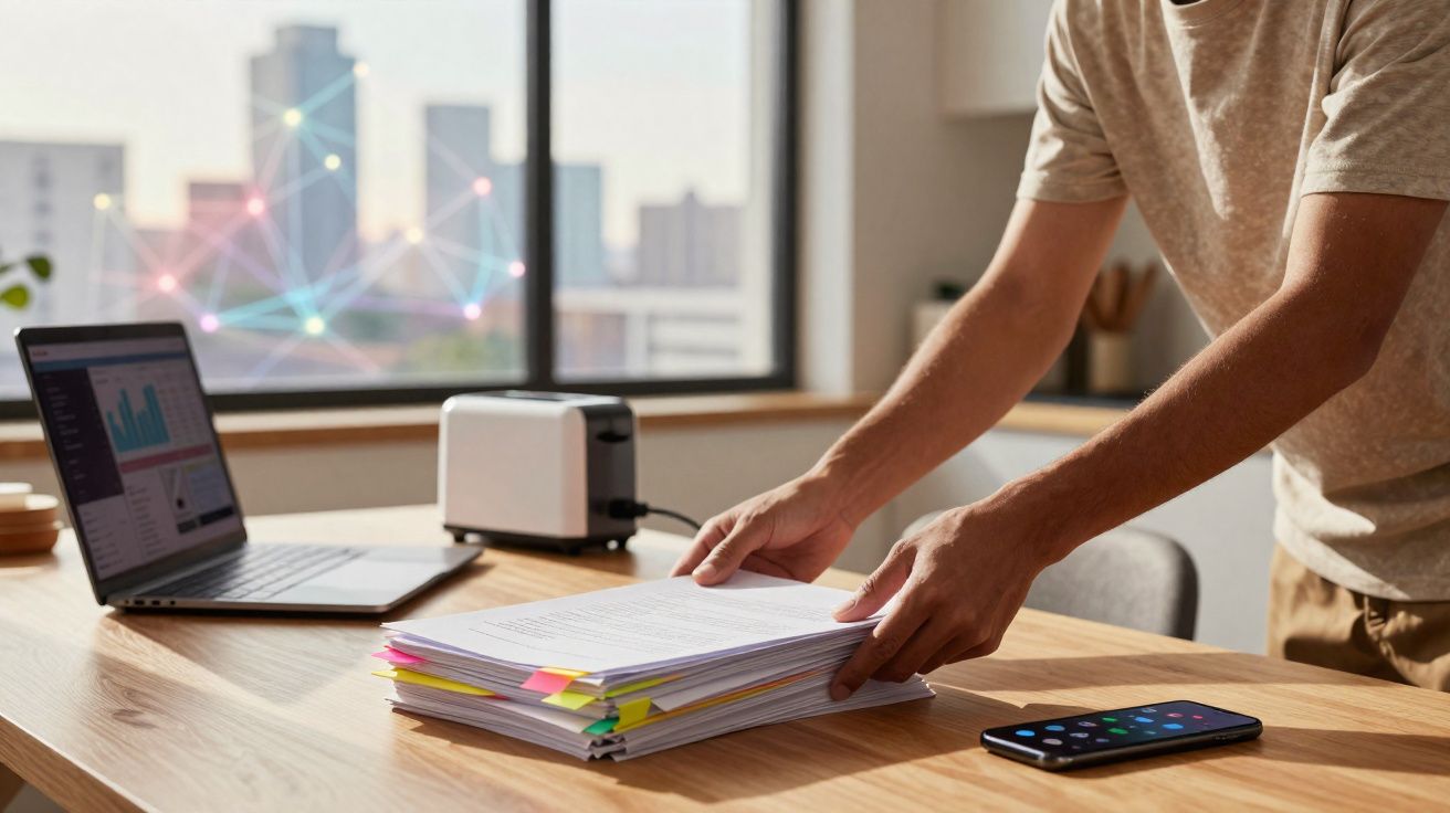 Pessoa organizando pilha de documentos em mesa com notebook, smartphone e janela com vista para prédios ao fundo.