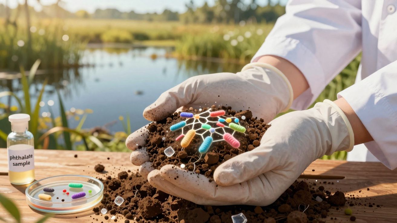 Mãos com luvas seguram terra e microrganismos coloridos em laboratório ao ar livre próximo a lago.