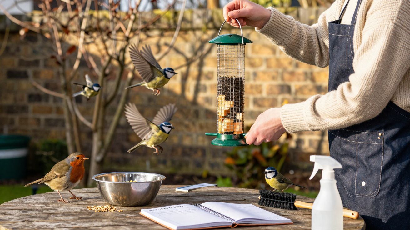 Pessoa alimenta pássaros em jardim, com comedouro, caderno aberto, vassoura e borrifador sobre mesa de madeira.