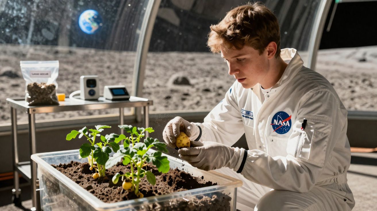 Jovem cientista em traje NASA cuidando de plantas em solo lunar dentro de cúpula com vista da Terra ao fundo.