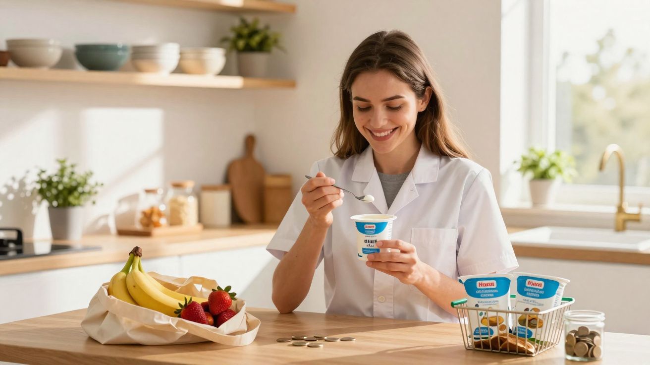 Mulher sorrindo, vestindo jaleco branco, comendo iogurte em cozinha com frutas e potes na mesa.