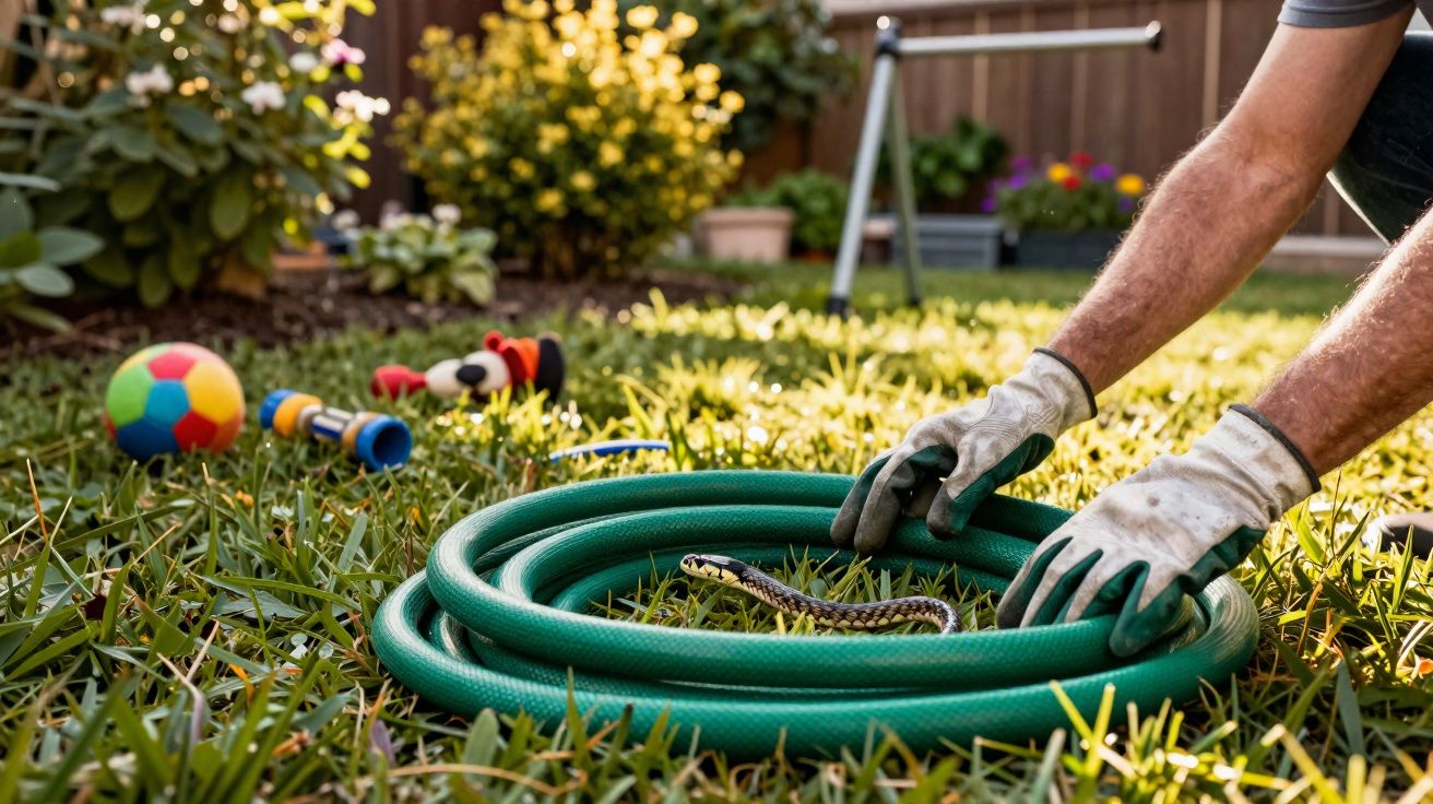 Pessoa com luvas afastando uma cobra enrolada em uma mangueira verde no jardim cheio de brinquedos.