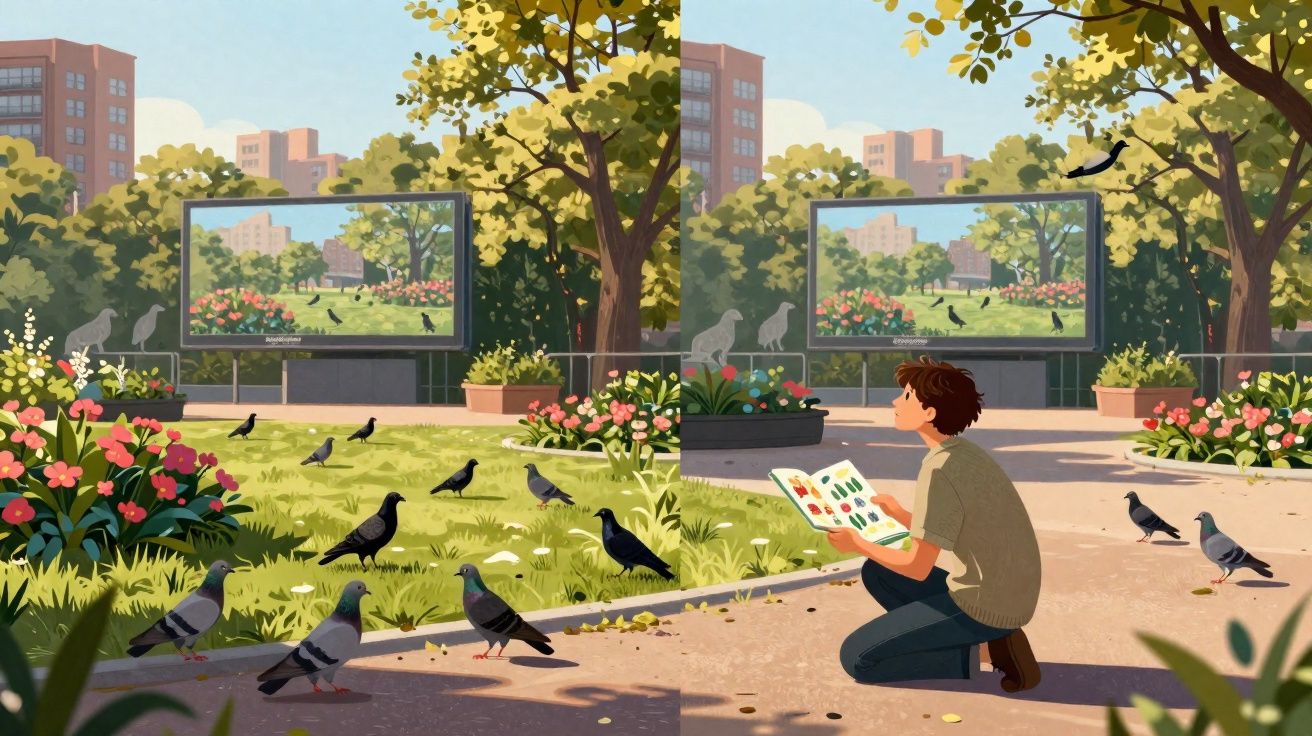 Parque com pombos e menino observando um quadro com a mesma cena de natureza na cidade.