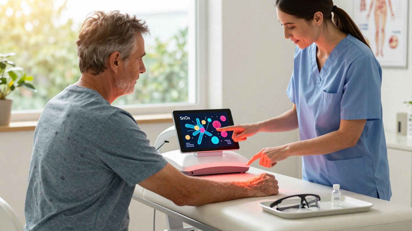 Enfermeira usa dispositivo para exame na pele do braço de paciente homem em clínica iluminada.