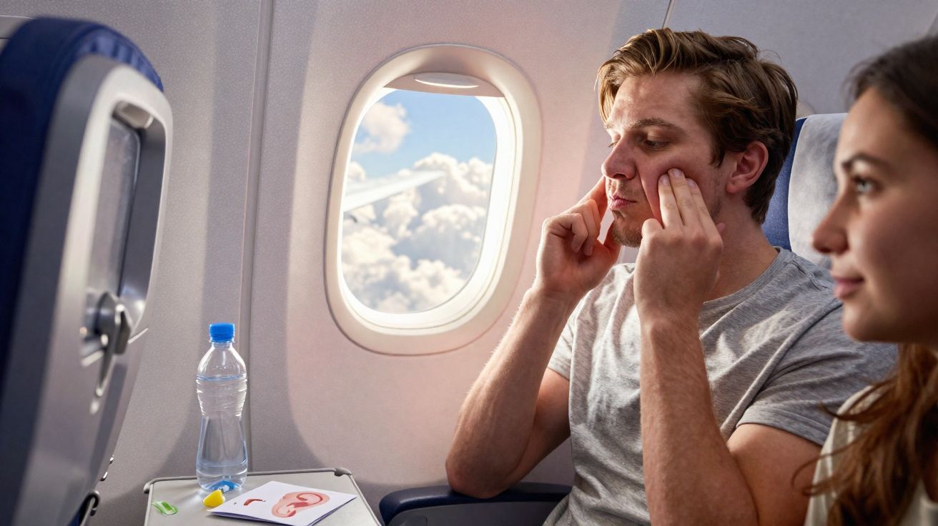 Homem senta na janela de avião fazendo exercícios faciais, com mulher ao lado e garrafa de água na mesinha.