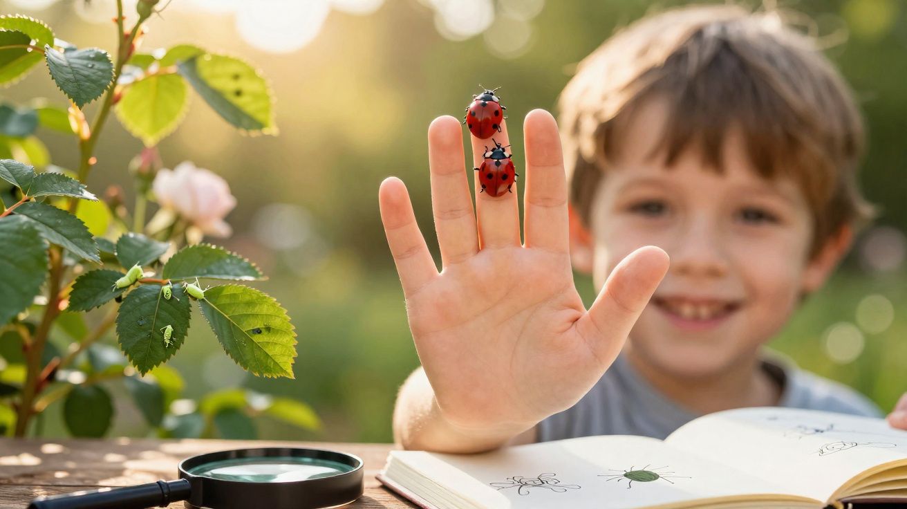 Criança sorrindo mostrando a mão com duas joaninhas, livro aberto e lupa em uma mesa ao ar livre.