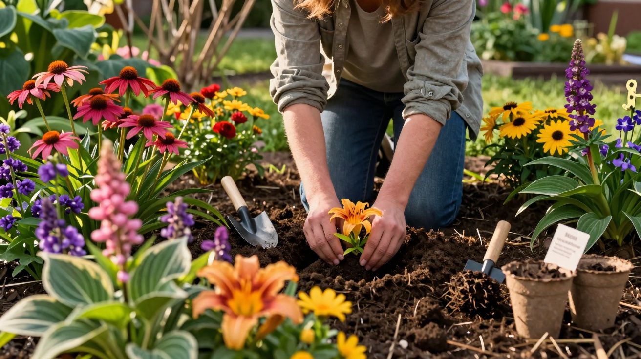 Pessoa agachada plantando flor laranja no jardim cercado de diversas flores coloridas.
