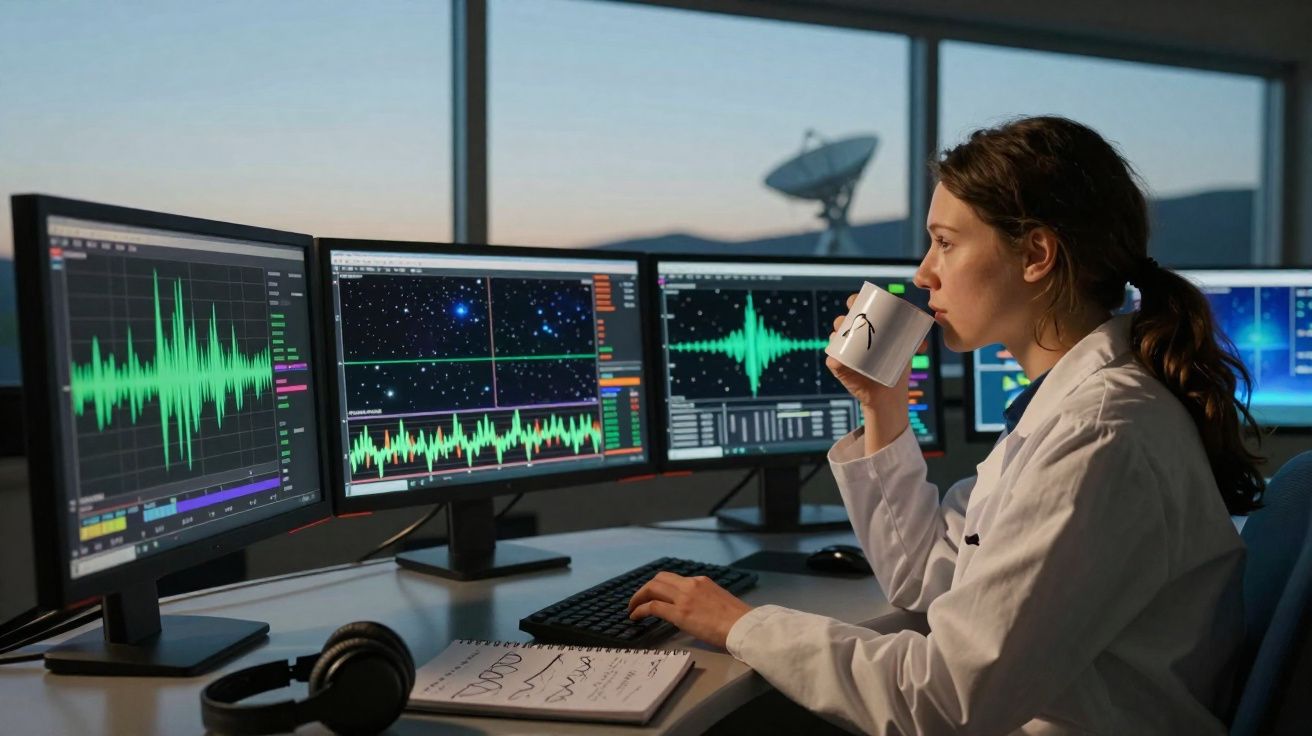 Mulher em laboratório observando gráficos e sinais em monitores enquanto bebe de uma caneca branca.