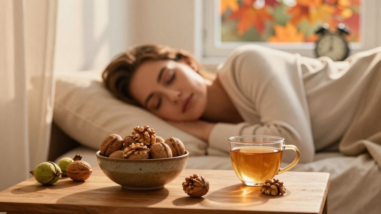 Mulher dormindo de lado em cama ao fundo e no primeiro plano tigela de nozes e xícara de chá sobre mesa.