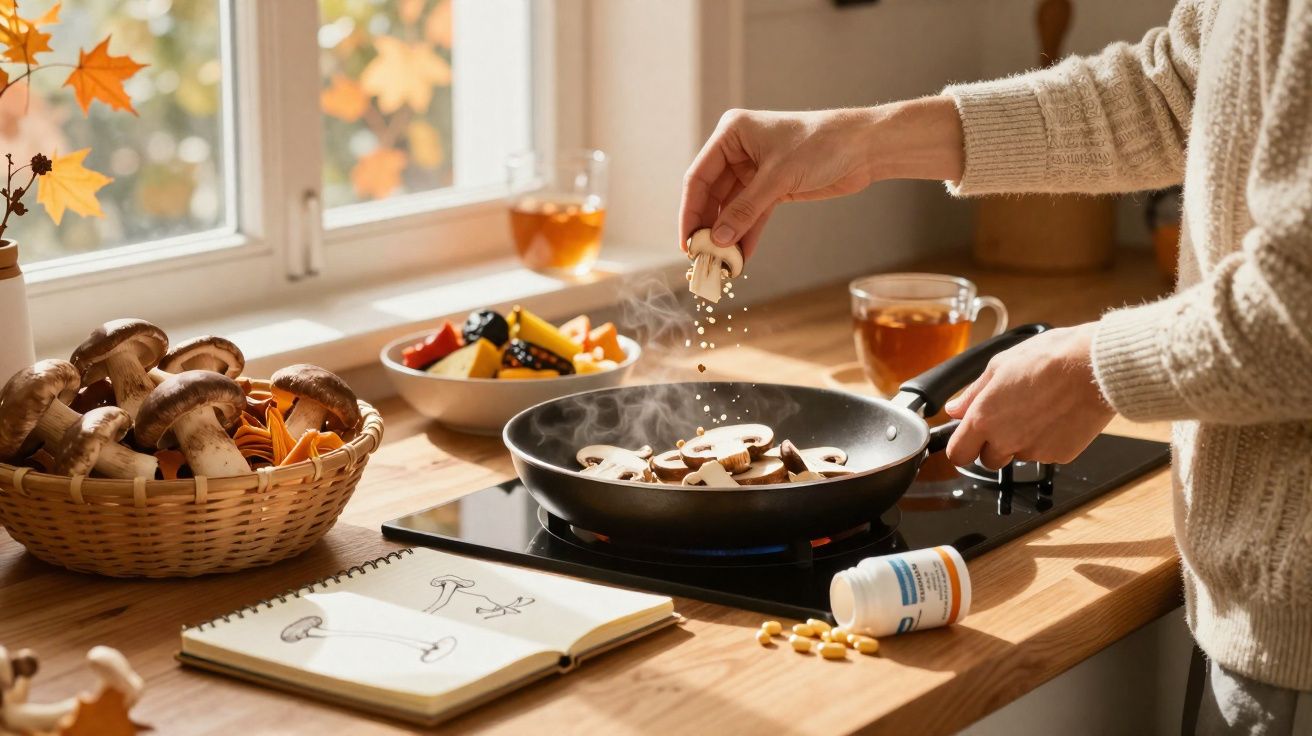 Pessoa temperando cogumelos em frigideira na cozinha com caderno de receitas e frutas ao fundo.