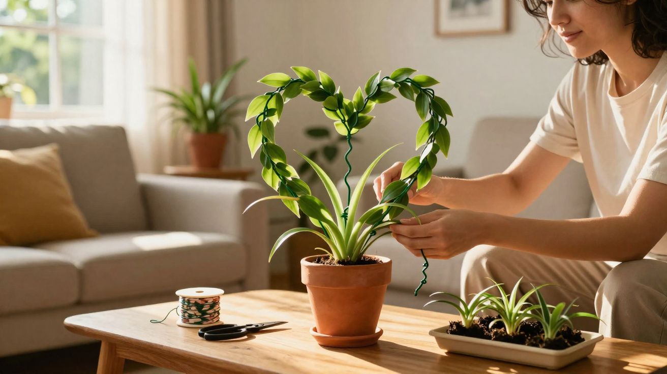 Pessoa cuidando de planta em vaso com folhas em forma de coração sobre mesa em sala iluminada.