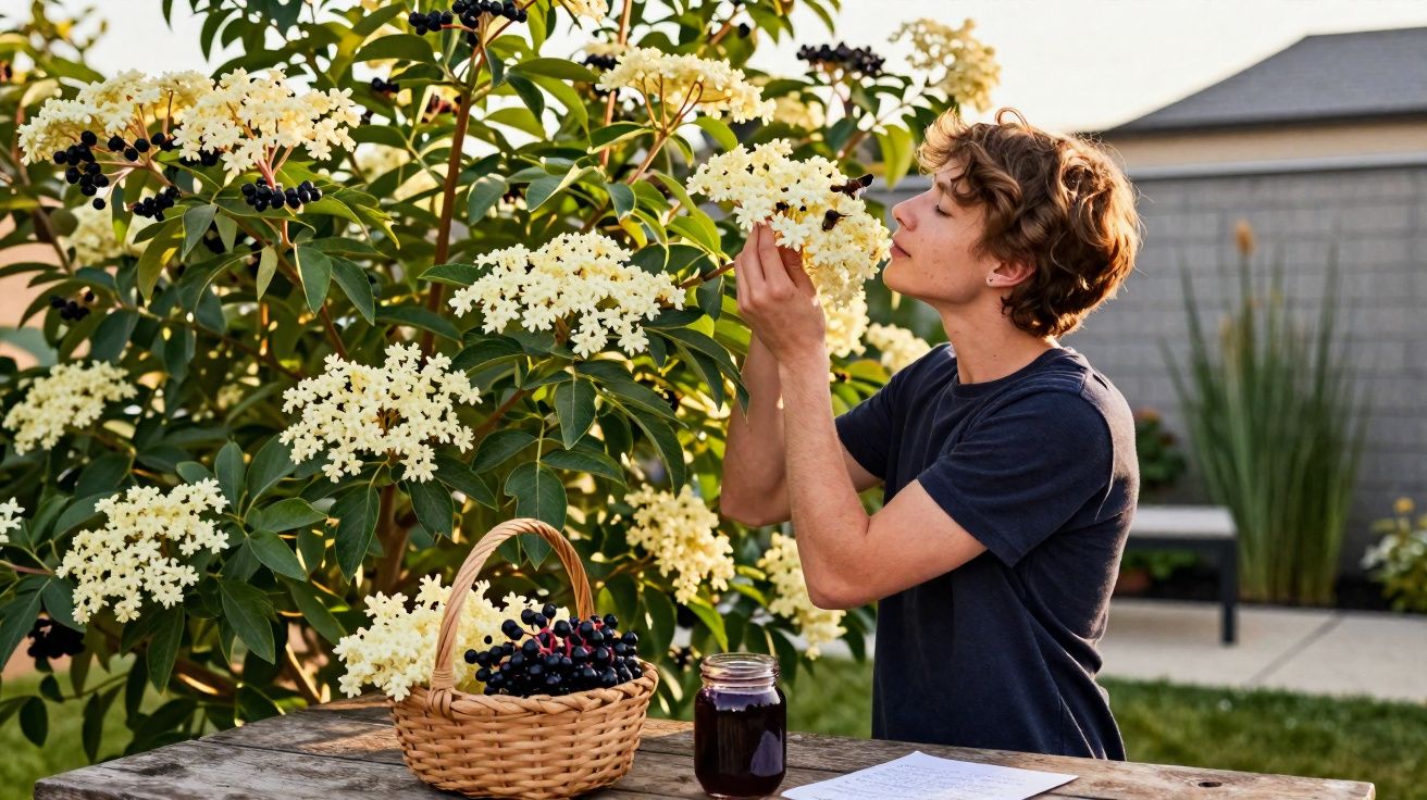 Jovem cheirando flores brancas em arbusto, com cesta de frutas e jarra de geleia na mesa ao ar livre.