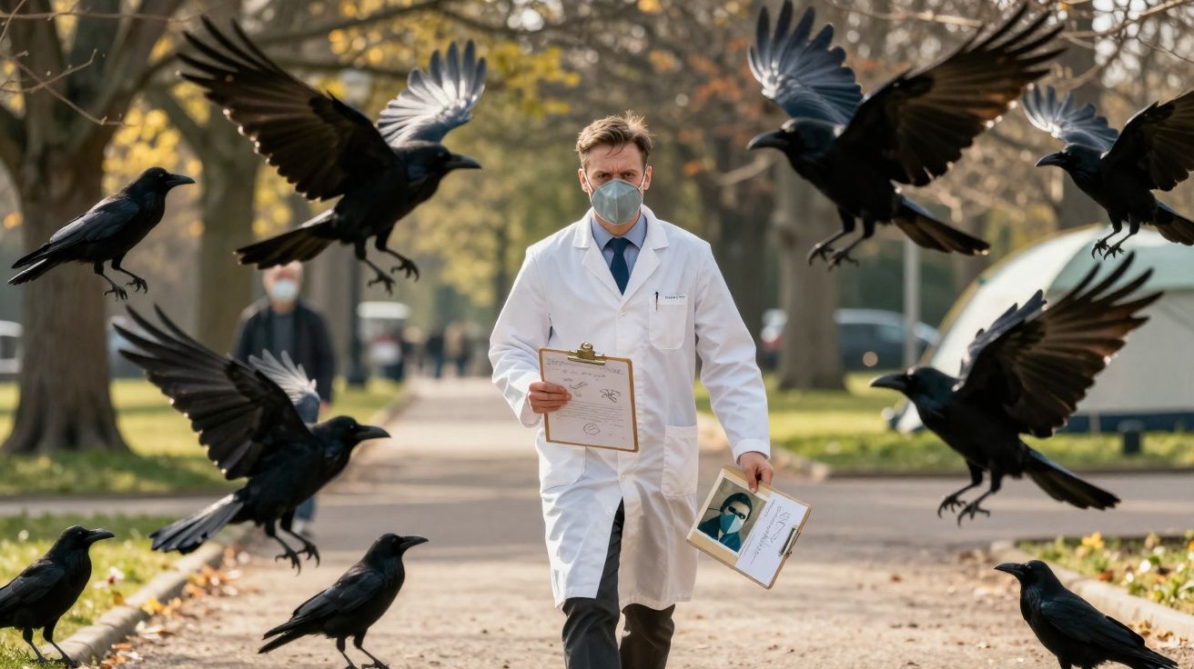 Homem de jaleco branco e máscara caminha cercado por corvos voando e pousados em parque urbano.