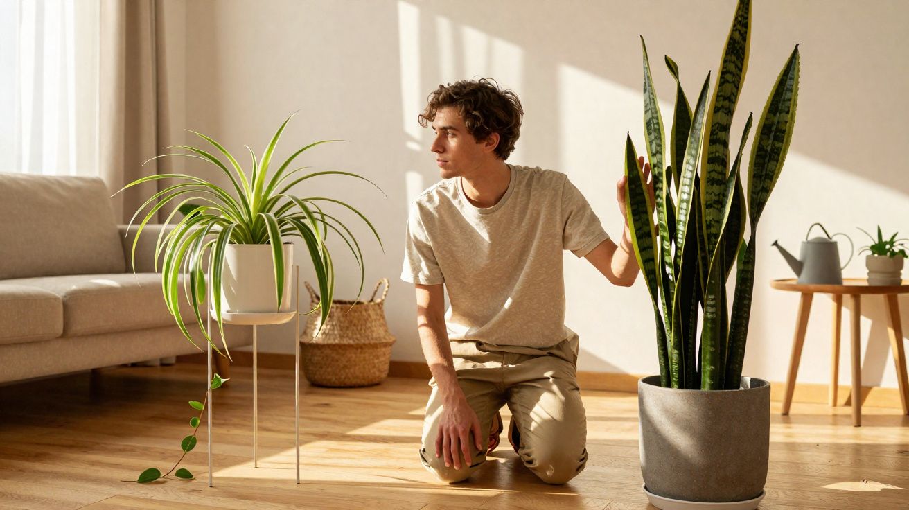 Jovem ajoelhado cuidando de plantas em um ambiente interno iluminado pela luz do sol.