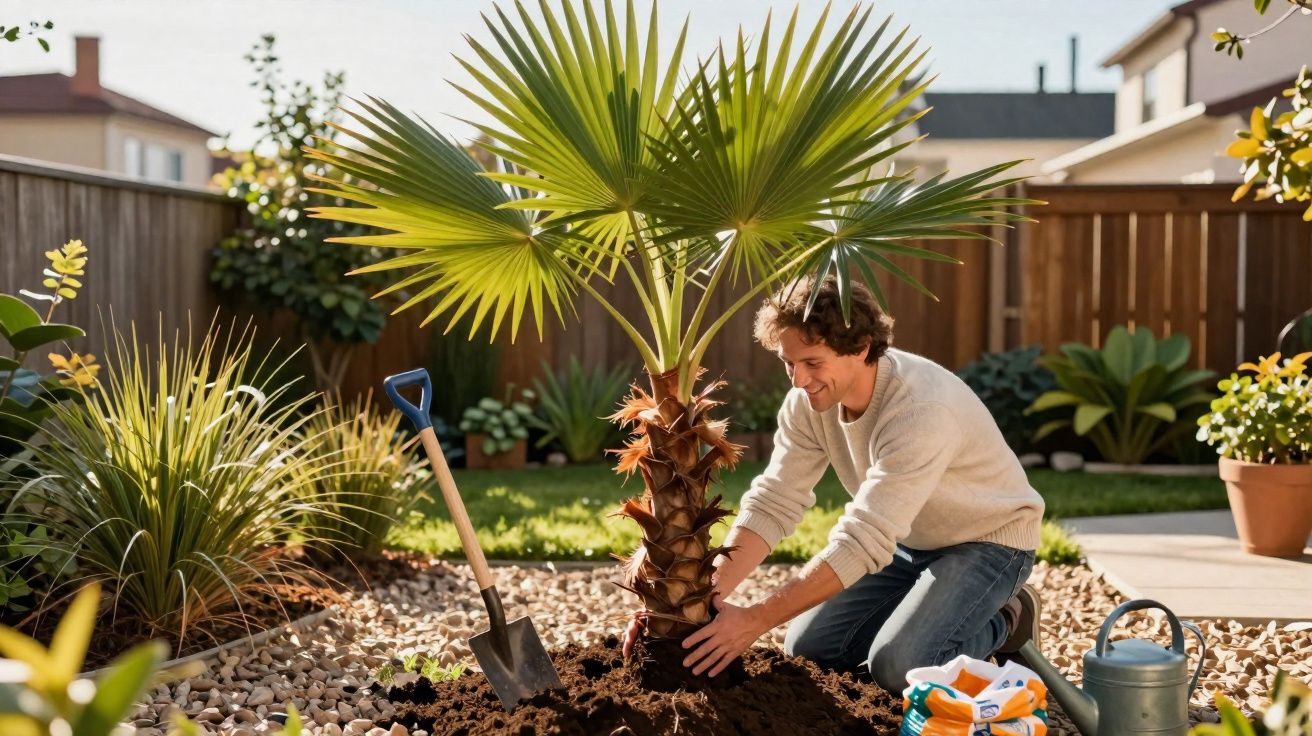 Homem plantando uma muda de palmeira em jardim com ferramentas de jardinagem ao redor.
