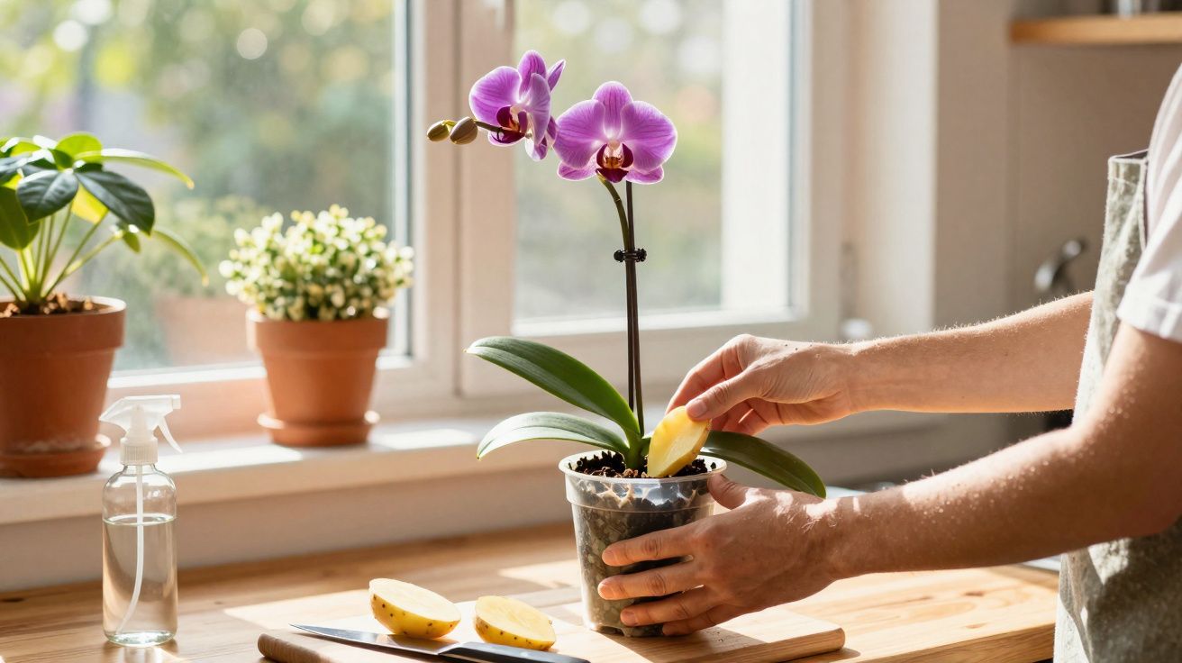 Pessoa alimenta orquídea com casca de banana em vaso próximo da janela iluminada.