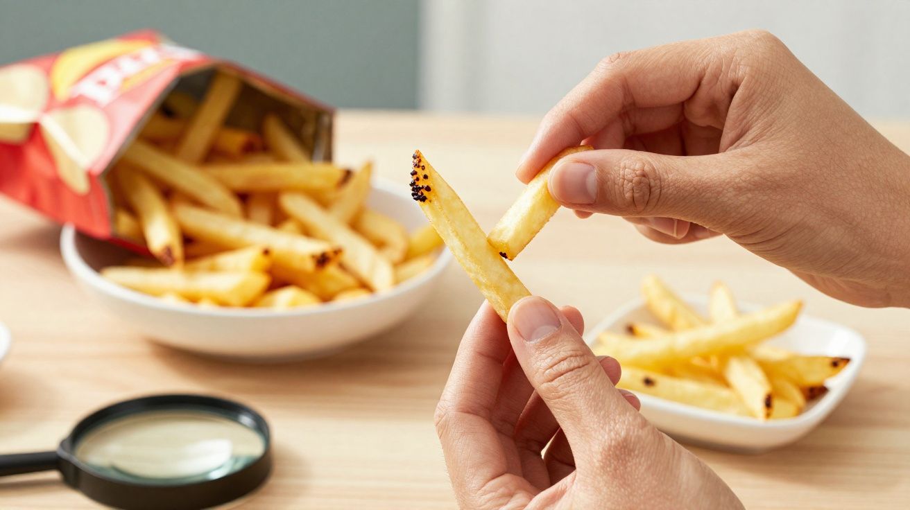 Mãos seguram batata frita com pontas queimadas, com mais batatas e lente de aumento ao fundo.