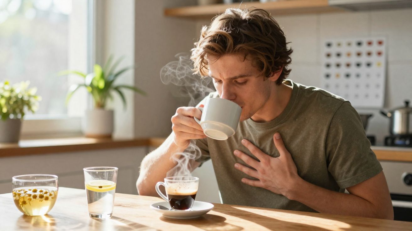 Jovem segurando xícara branca bebendo chá quente em cozinha iluminada, com plantas ao fundo.