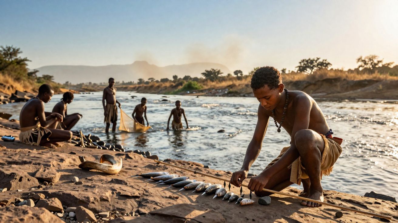 Homem indígena organiza peixes colhidos na margem de rio com outras pessoas ao fundo pescando.