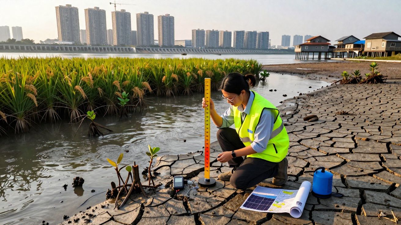 Mulher em colete refletivo mede nível de água em solo seco próximo a vegetação e prédios urbanos ao fundo.
