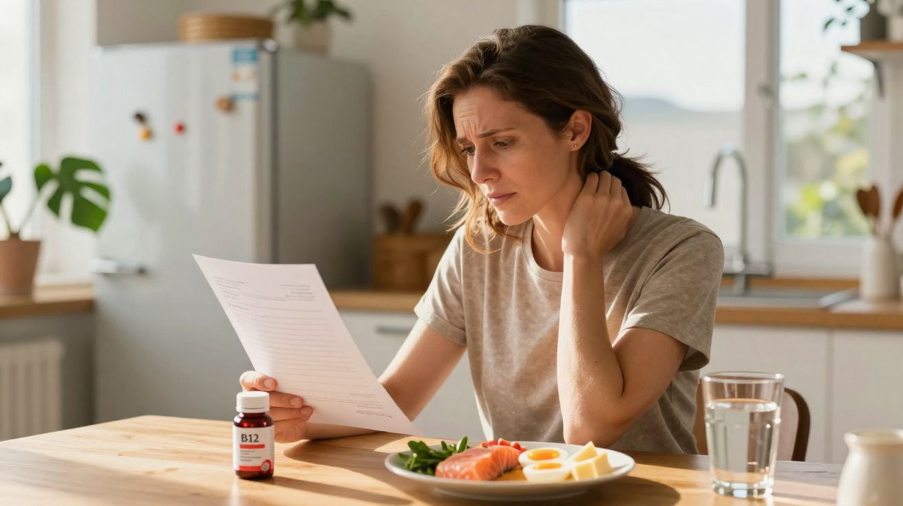 Mulher preocupada lendo documento na cozinha, com prato de comida saudável e suplemento vitamínico na mesa.
