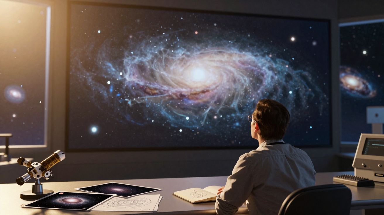 Pessoa observando imagem de galáxia em grande tela, com telescópio e desenhos de astronomia na mesa.