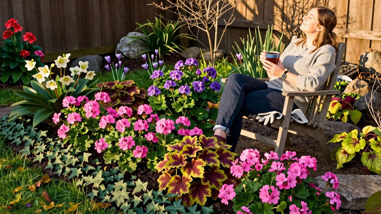 Mulher relaxa em cadeira de jardim cercada por flores coloridas em dia ensolarado.
