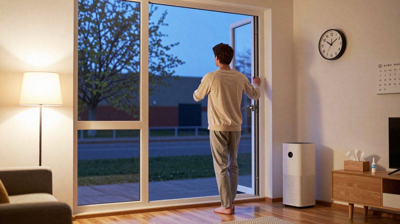 Jovem abre porta de vidro para o lado de fora durante o entardecer em sala iluminada.