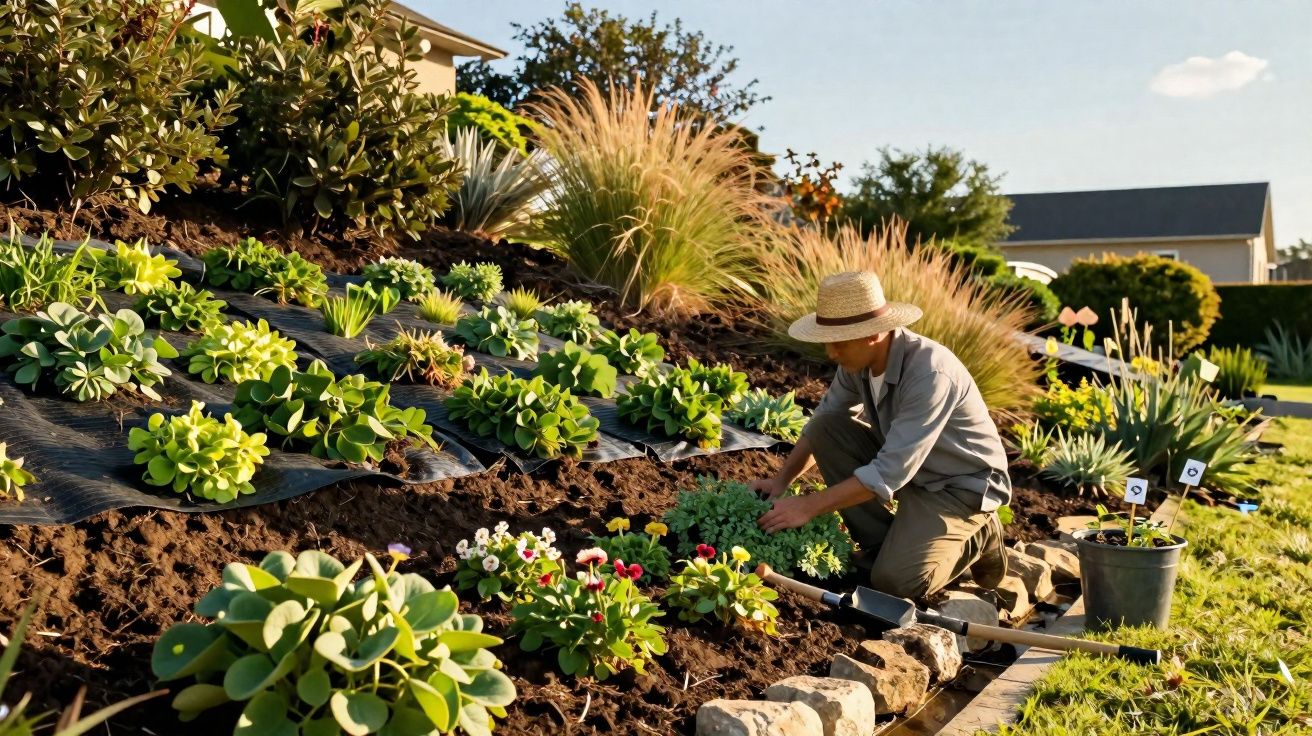Pessoa usando chapéu cuidando de plantas em jardim ensolarado com flores e folhagens variadas.