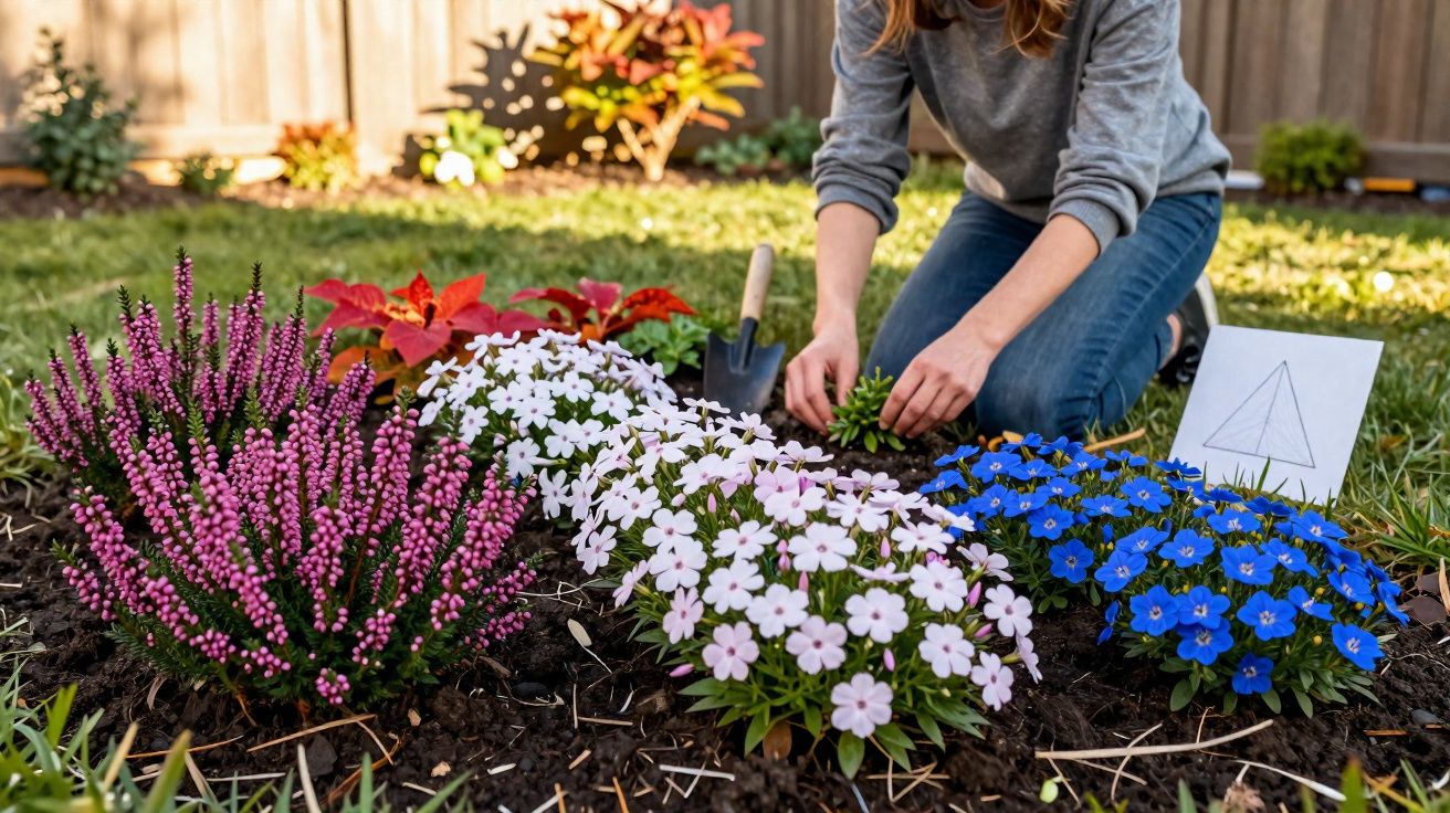 Pessoa plantando flores coloridas em um jardim com flores rosas, brancas, azuis e vermelhas.