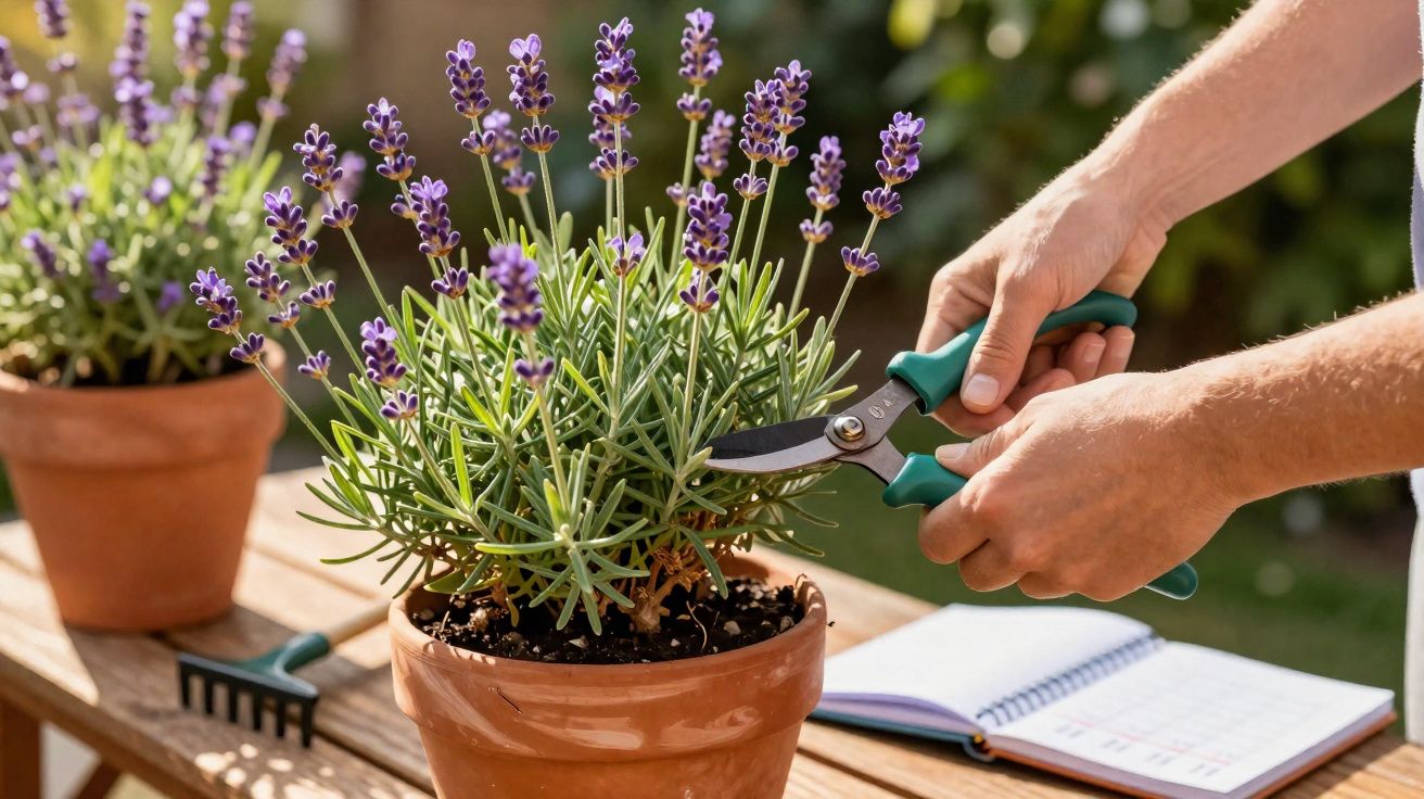 Mãos podando lavanda em vaso de barro sobre mesa de madeira com caderno aberto ao fundo.