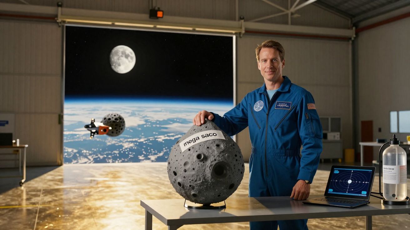 Homem com macacão azul em hangar mostra modelo de lua com adesivo "mega saco" sobre mesa com laptop e cilindro.